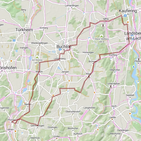 Map miniature of "Gravel Tour: Pforzen Adventure" cycling inspiration in Schwaben, Germany. Generated by Tarmacs.app cycling route planner