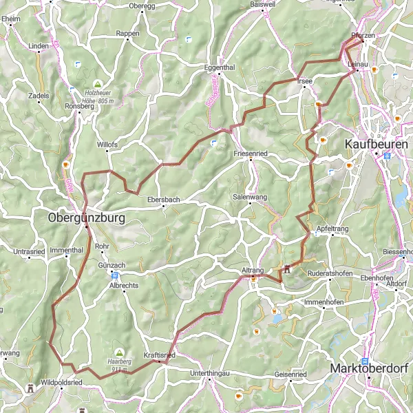 Map miniature of "The Rolling Gravel Adventure" cycling inspiration in Schwaben, Germany. Generated by Tarmacs.app cycling route planner