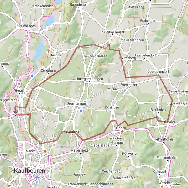 Map miniature of "Rural Charms: Pforzen and Beyond" cycling inspiration in Schwaben, Germany. Generated by Tarmacs.app cycling route planner