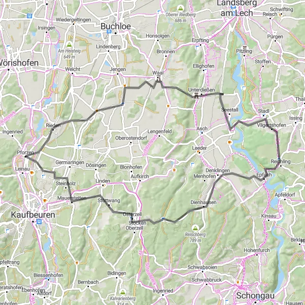 Map miniature of "The Castle Loop" cycling inspiration in Schwaben, Germany. Generated by Tarmacs.app cycling route planner