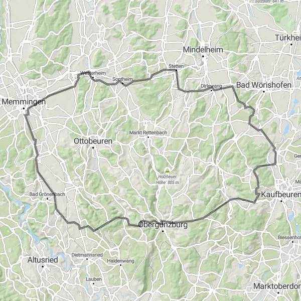 Map miniature of "The Lakeside Escape" cycling inspiration in Schwaben, Germany. Generated by Tarmacs.app cycling route planner