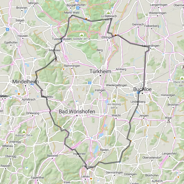 Map miniature of "The Village Explorer" cycling inspiration in Schwaben, Germany. Generated by Tarmacs.app cycling route planner