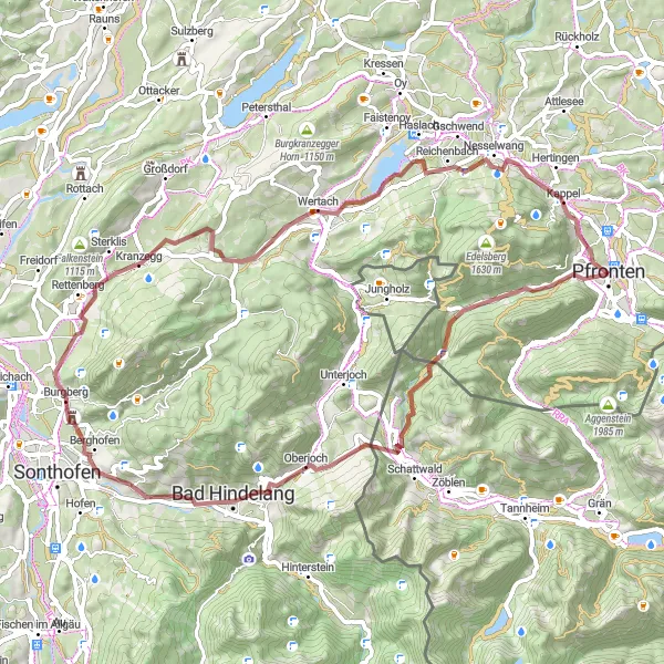 Karten-Miniaturansicht der Radinspiration "Abenteuerliches Gravelbiking um Pfronten" in Schwaben, Germany. Erstellt vom Tarmacs.app-Routenplaner für Radtouren