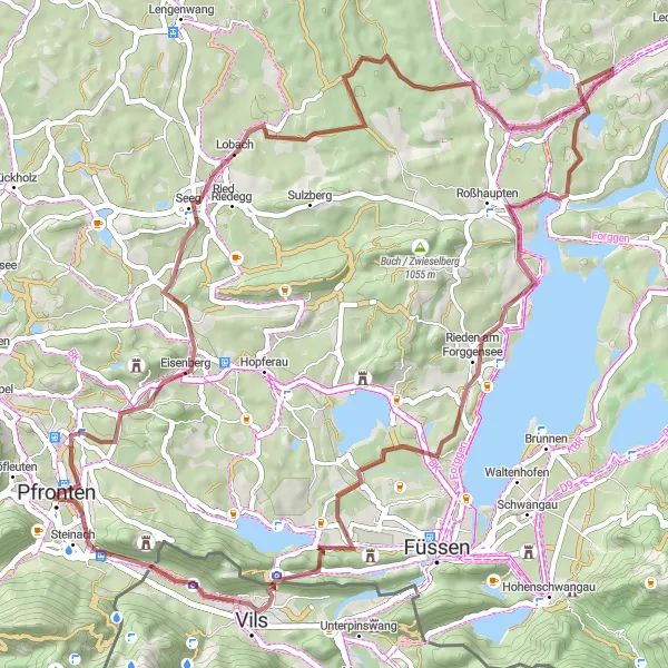 Map miniature of "Pfronten Hörnle Gravel Ride" cycling inspiration in Schwaben, Germany. Generated by Tarmacs.app cycling route planner