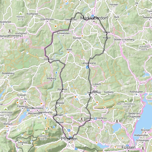 Map miniature of "The Hörnle Circuit" cycling inspiration in Schwaben, Germany. Generated by Tarmacs.app cycling route planner