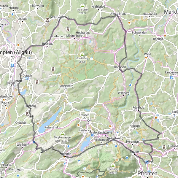 Map miniature of "Nesselwang Alpenpanorama Road Ride" cycling inspiration in Schwaben, Germany. Generated by Tarmacs.app cycling route planner