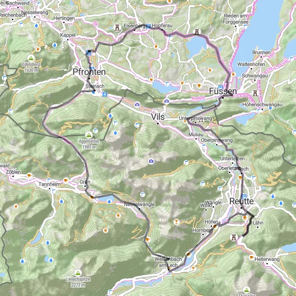 Map miniature of "Eisenberg Scenic Road Challenge" cycling inspiration in Schwaben, Germany. Generated by Tarmacs.app cycling route planner
