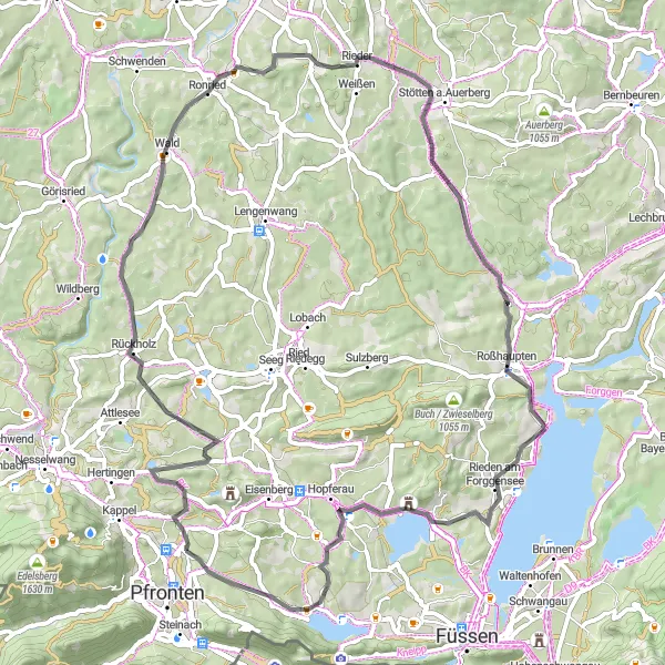 Map miniature of "Charming Road Loop via Roßhaupten" cycling inspiration in Schwaben, Germany. Generated by Tarmacs.app cycling route planner