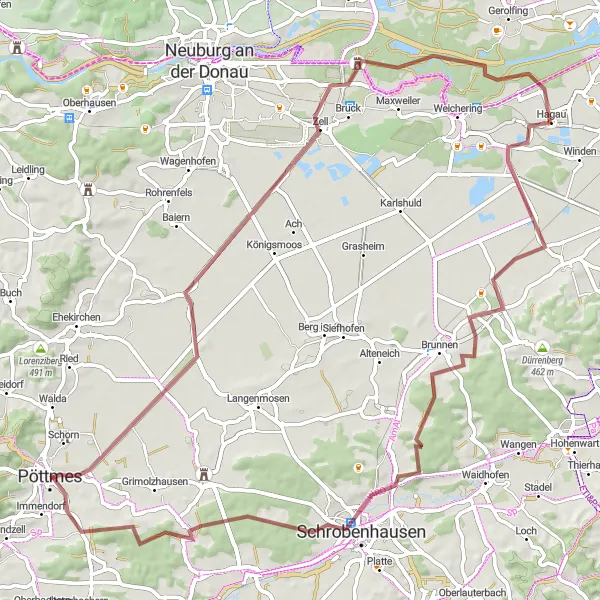 Map miniature of "Gravel Cycling Excursion near Pöttmes" cycling inspiration in Schwaben, Germany. Generated by Tarmacs.app cycling route planner