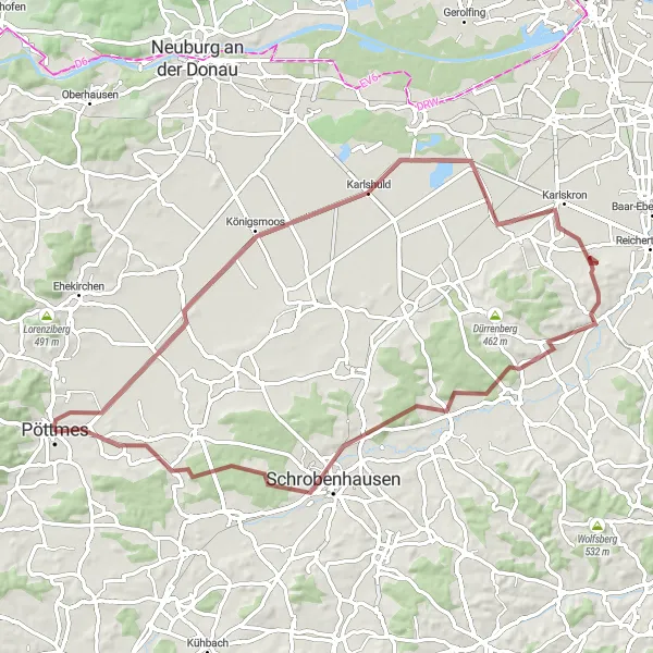 Karten-Miniaturansicht der Radinspiration "Abenteuerliche Tour durch Karlskron" in Schwaben, Germany. Erstellt vom Tarmacs.app-Routenplaner für Radtouren