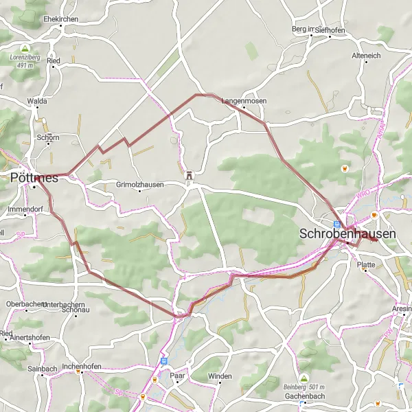 Karten-Miniaturansicht der Radinspiration "Kurze Schottertour nach Langenmosen" in Schwaben, Germany. Erstellt vom Tarmacs.app-Routenplaner für Radtouren