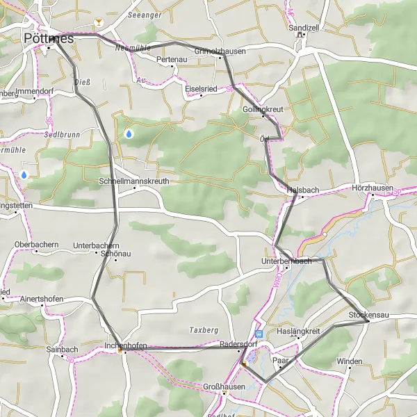 Map miniature of "Pöttmes Roundabout" cycling inspiration in Schwaben, Germany. Generated by Tarmacs.app cycling route planner