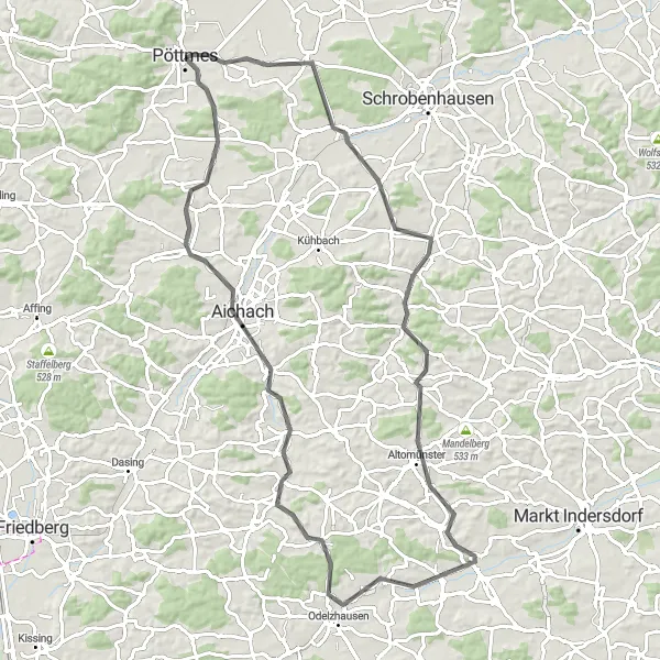 Map miniature of "Scenic Road Cycling around Pöttmes" cycling inspiration in Schwaben, Germany. Generated by Tarmacs.app cycling route planner