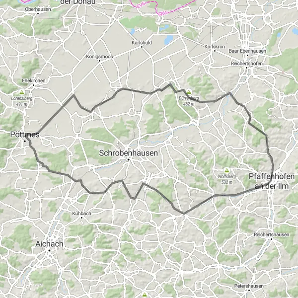 Map miniature of "Road Cycling Adventure near Pöttmes" cycling inspiration in Schwaben, Germany. Generated by Tarmacs.app cycling route planner