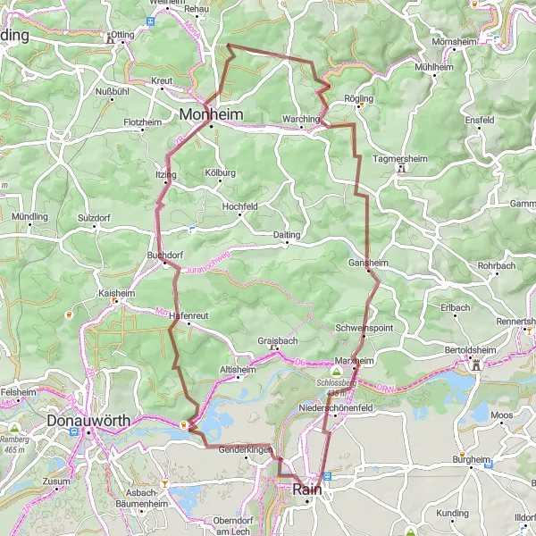 Map miniature of "Rain and its surrounding villages" cycling inspiration in Schwaben, Germany. Generated by Tarmacs.app cycling route planner