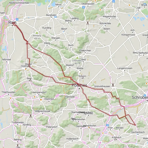 Map miniature of "Gravel Adventure to Pöttmes" cycling inspiration in Schwaben, Germany. Generated by Tarmacs.app cycling route planner