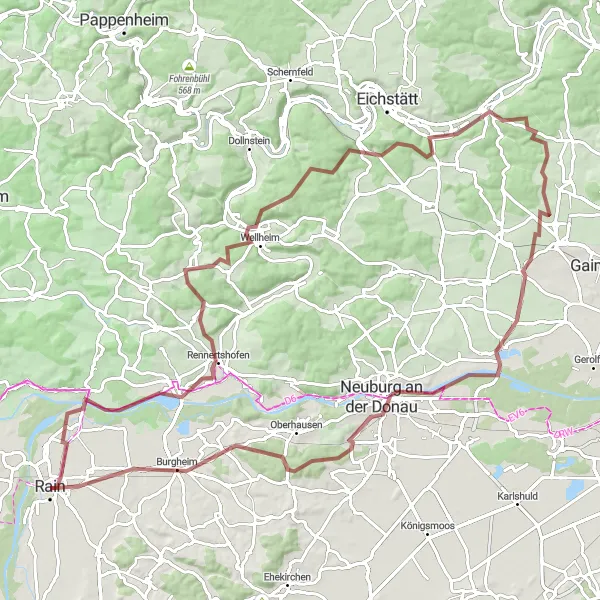 Map miniature of "Historical Gravel Ride through Wellheim Nature Park" cycling inspiration in Schwaben, Germany. Generated by Tarmacs.app cycling route planner