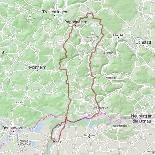 Karten-Miniaturansicht der Radinspiration "Gravel-Tour durch die Umgebung von Rain" in Schwaben, Germany. Erstellt vom Tarmacs.app-Routenplaner für Radtouren