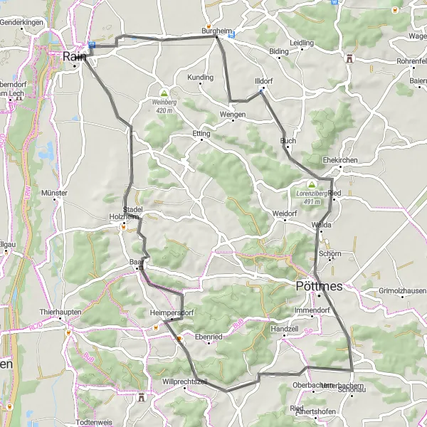 Karten-Miniaturansicht der Radinspiration "Rundfahrt von Rain nach Heimpersdorf" in Schwaben, Germany. Erstellt vom Tarmacs.app-Routenplaner für Radtouren