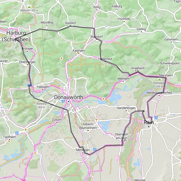 Karten-Miniaturansicht der Radinspiration "Rundkurs von Rain nach Niederschönenfeld" in Schwaben, Germany. Erstellt vom Tarmacs.app-Routenplaner für Radtouren