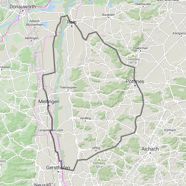 Map miniature of "Historical Route from Rain to Gersthofen" cycling inspiration in Schwaben, Germany. Generated by Tarmacs.app cycling route planner