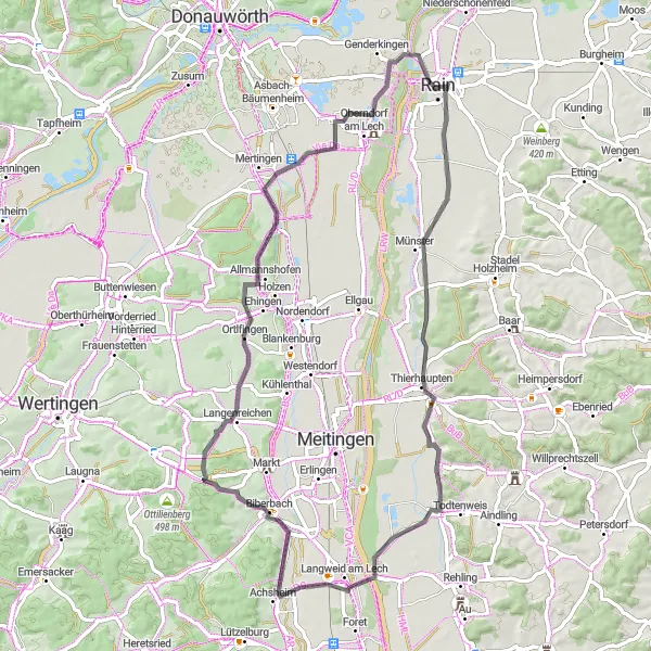 Map miniature of "Schwaben Round-Trip: From Rain to Genderkingen" cycling inspiration in Schwaben, Germany. Generated by Tarmacs.app cycling route planner