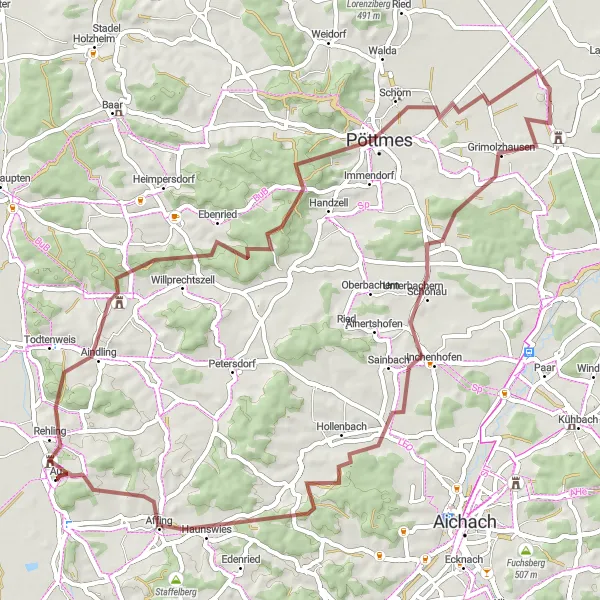 Map miniature of "Serene Gravel Escape" cycling inspiration in Schwaben, Germany. Generated by Tarmacs.app cycling route planner