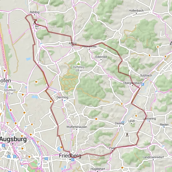 Map miniature of "Tranquil Gravel Loop" cycling inspiration in Schwaben, Germany. Generated by Tarmacs.app cycling route planner