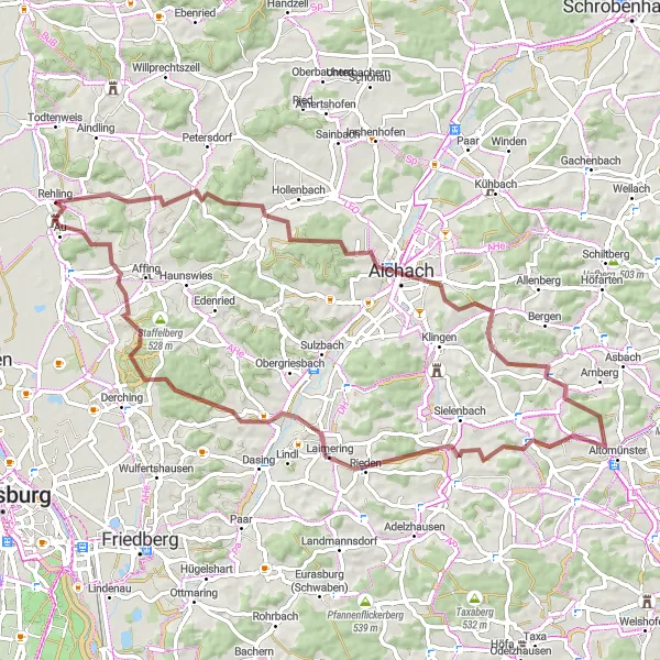 Map miniature of "Quintessentially Bavarian Gravel Adventure" cycling inspiration in Schwaben, Germany. Generated by Tarmacs.app cycling route planner