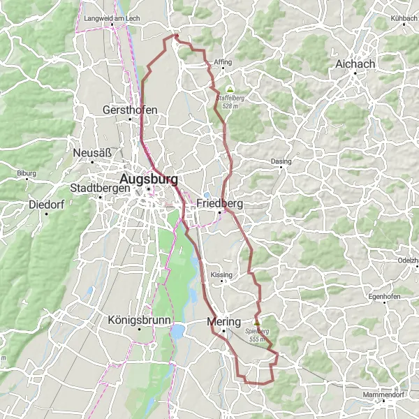 Map miniature of "Off-the-beaten-path Gravel Exploration" cycling inspiration in Schwaben, Germany. Generated by Tarmacs.app cycling route planner