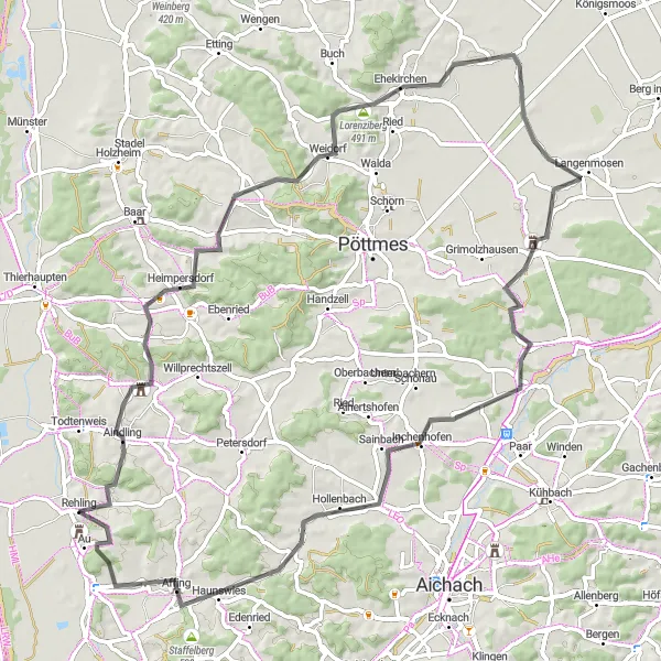 Map miniature of "Scenic Road Explorer" cycling inspiration in Schwaben, Germany. Generated by Tarmacs.app cycling route planner