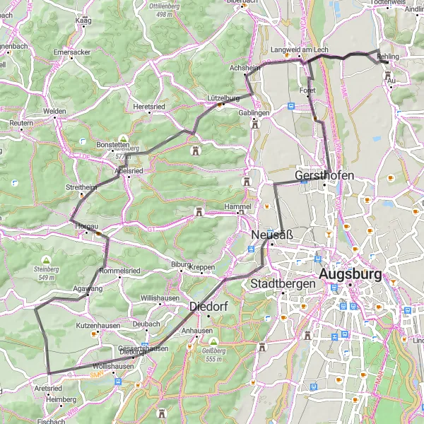 Map miniature of "Charming Road Tour of the Bavarian Countryside" cycling inspiration in Schwaben, Germany. Generated by Tarmacs.app cycling route planner