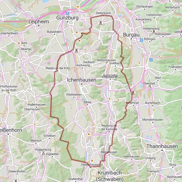 Map miniature of "Rugged Gravel Expedition" cycling inspiration in Schwaben, Germany. Generated by Tarmacs.app cycling route planner