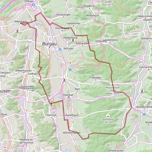 Map miniature of "Rettenbach - Konzenberg - Wasserscheide Zusam/Mindel - Fleinhausen - Münsterhausen - Unterknöringen - Rettenbach" cycling inspiration in Schwaben, Germany. Generated by Tarmacs.app cycling route planner