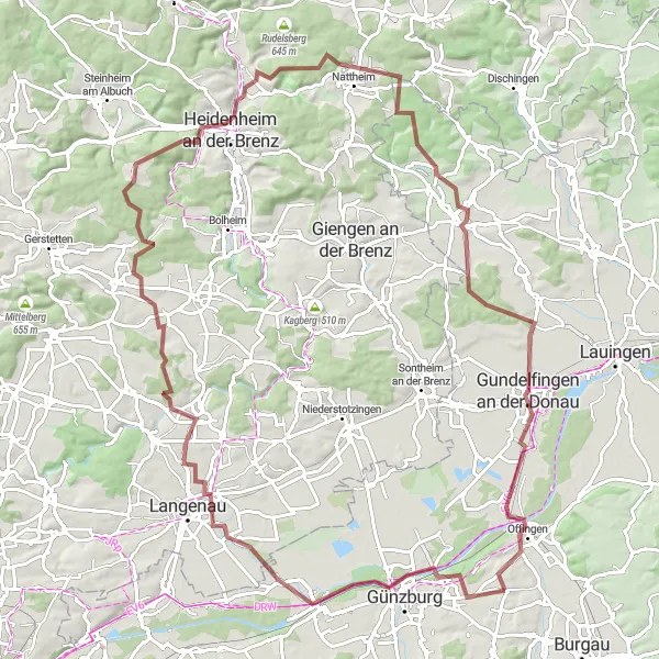 Map miniature of "Gravel Epic: Günzburg to Bachhagel" cycling inspiration in Schwaben, Germany. Generated by Tarmacs.app cycling route planner