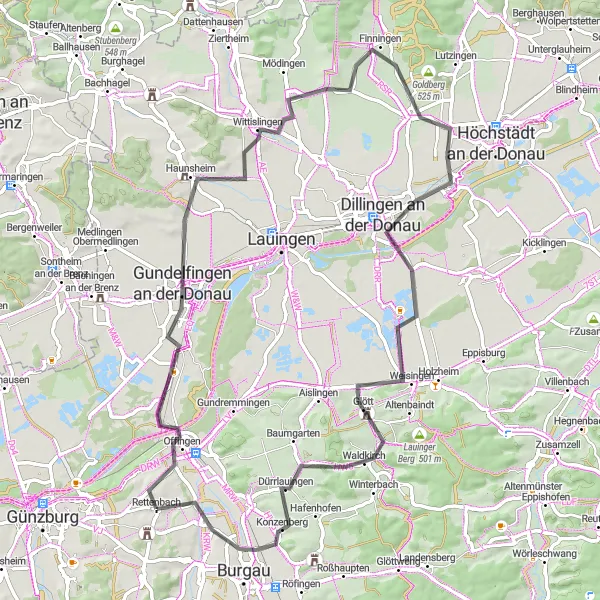 Map miniature of "Gundelfingen Gravel Ride" cycling inspiration in Schwaben, Germany. Generated by Tarmacs.app cycling route planner