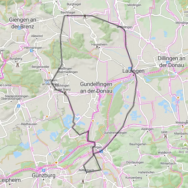 Map miniature of "Rettenbach - Offingen - Medlingen - Wittislingen - Lauingen - Gundremmingen - Remshart - Rettenbach" cycling inspiration in Schwaben, Germany. Generated by Tarmacs.app cycling route planner