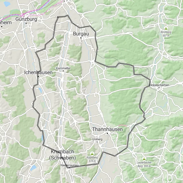 Map miniature of "Rettenbach - Burgau - Dürrenberg - Kohlberg - Ziemetshausen - Krumbach - Ichenhausen - Harthausen - Rettenbach" cycling inspiration in Schwaben, Germany. Generated by Tarmacs.app cycling route planner