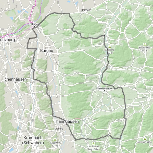 Karten-Miniaturansicht der Radinspiration "Radtour durch Zusmarshausen und Thannhausen" in Schwaben, Germany. Erstellt vom Tarmacs.app-Routenplaner für Radtouren