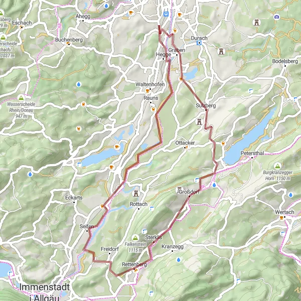 Map miniature of "Rettenberg Gravel Route" cycling inspiration in Schwaben, Germany. Generated by Tarmacs.app cycling route planner