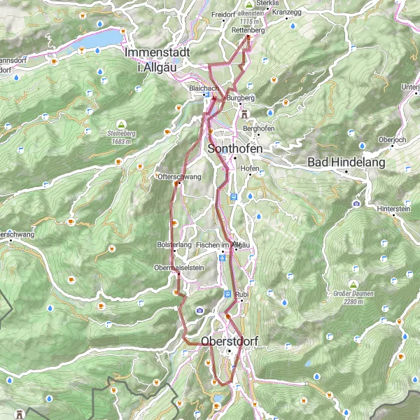 Map miniature of "Rettenberg Gravel Tour" cycling inspiration in Schwaben, Germany. Generated by Tarmacs.app cycling route planner