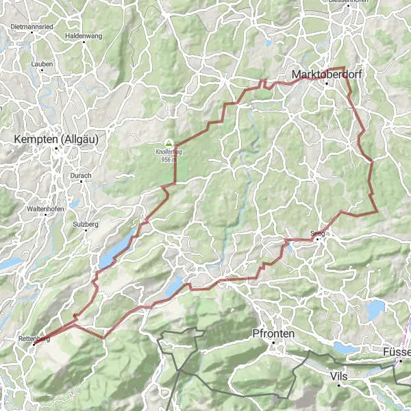 Map miniature of "Rettenberg Gravel Challenge" cycling inspiration in Schwaben, Germany. Generated by Tarmacs.app cycling route planner