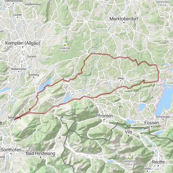 Map miniature of "The Long Gravel Adventure" cycling inspiration in Schwaben, Germany. Generated by Tarmacs.app cycling route planner