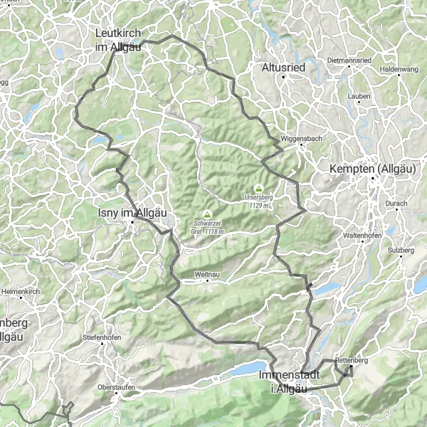 Map miniature of "Challenging Rolling Hills" cycling inspiration in Schwaben, Germany. Generated by Tarmacs.app cycling route planner