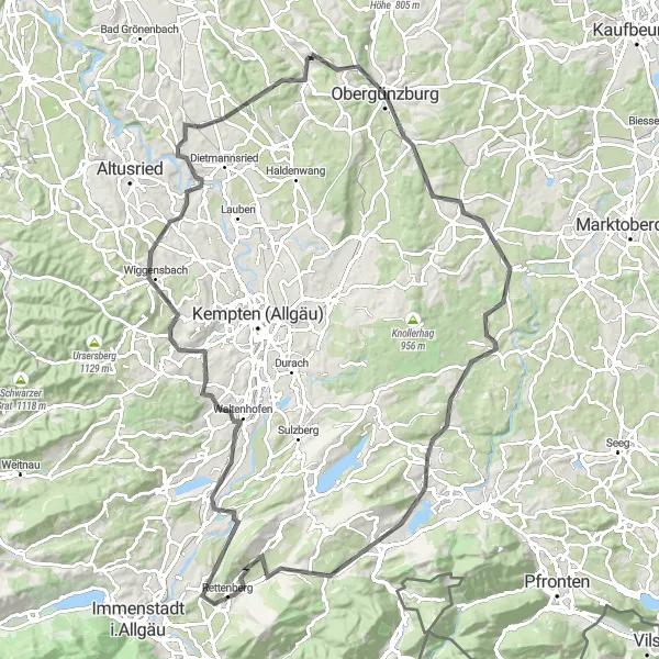 Map miniature of "The Rettenberg Alps Adventure" cycling inspiration in Schwaben, Germany. Generated by Tarmacs.app cycling route planner