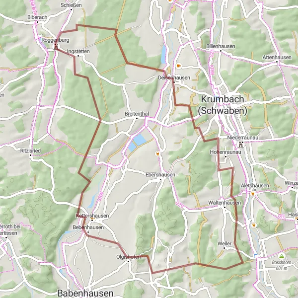 Map miniature of "Deisenhausen Loop" cycling inspiration in Schwaben, Germany. Generated by Tarmacs.app cycling route planner