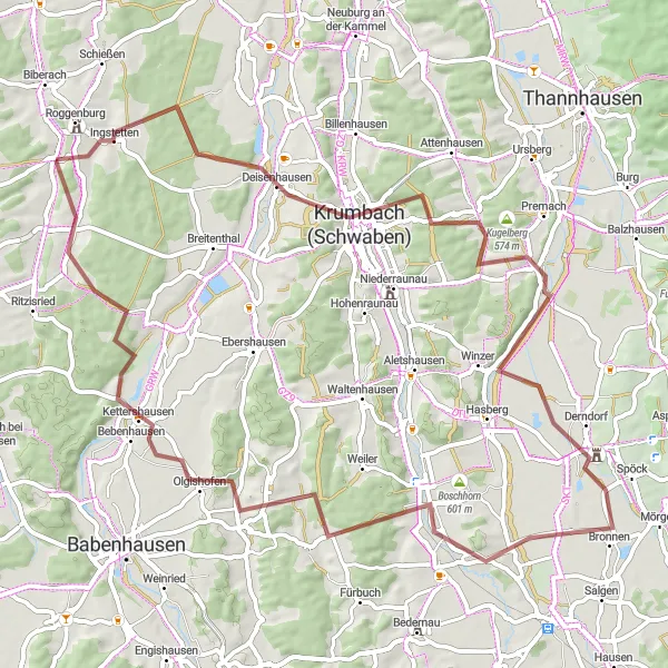 Map miniature of "Kirchhaslach Adventure" cycling inspiration in Schwaben, Germany. Generated by Tarmacs.app cycling route planner