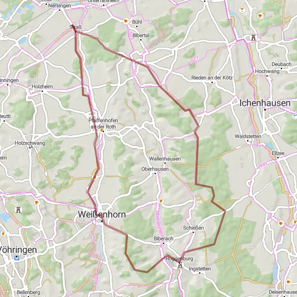 Map miniature of "Roggenburg to Anhofen Gravel Route" cycling inspiration in Schwaben, Germany. Generated by Tarmacs.app cycling route planner