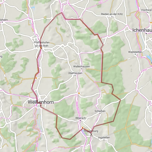 Map miniature of "Weißenhorn Loop Gravel Route" cycling inspiration in Schwaben, Germany. Generated by Tarmacs.app cycling route planner
