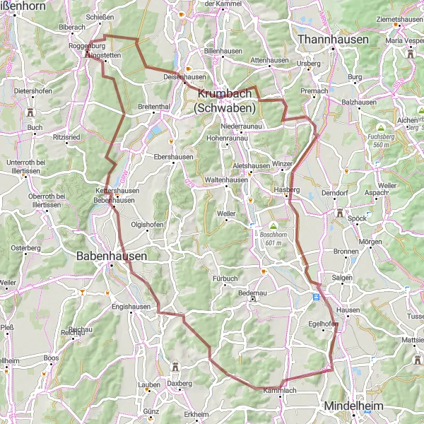 Map miniature of "Deisenhausen to Oberschönegg Gravel Adventure" cycling inspiration in Schwaben, Germany. Generated by Tarmacs.app cycling route planner